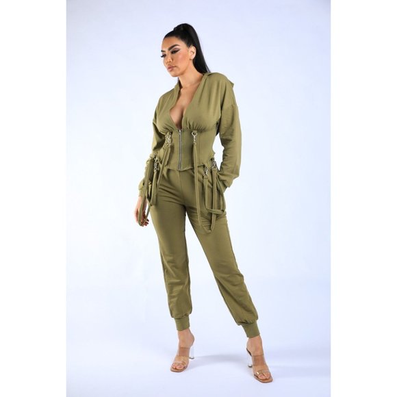 Women's Long Sleeve Zip-Up Strappy Terry Casual Hoodie Two-Piece Set Super Cute - Picture 10 of 12